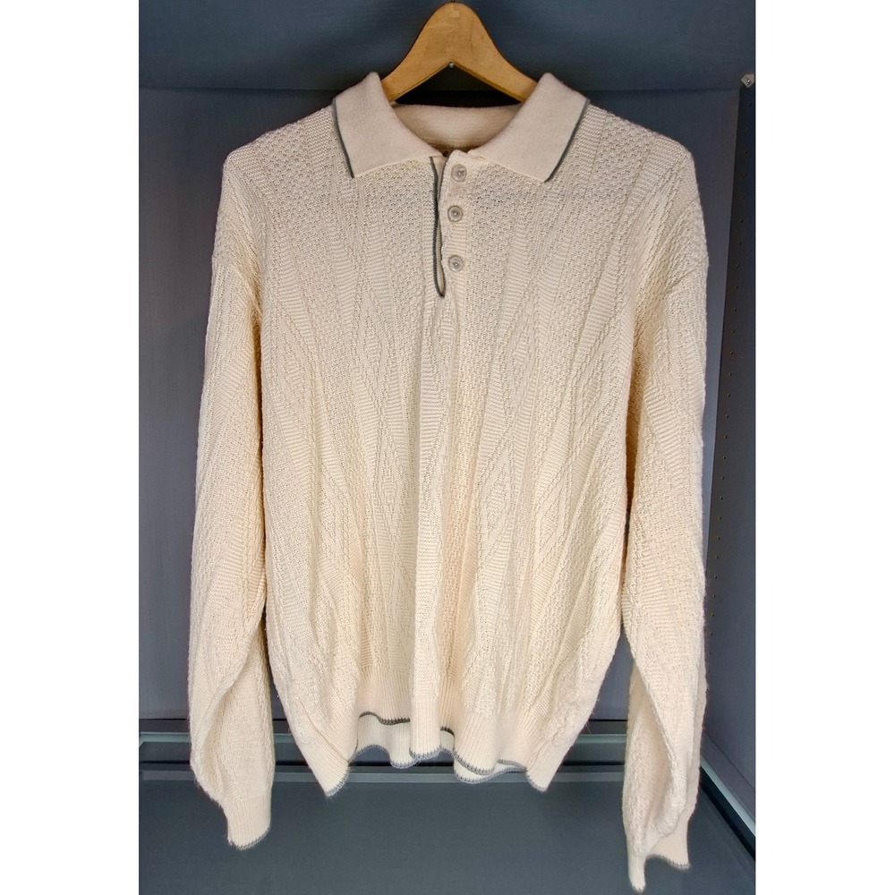 Vintage Haband Mens XL Cream Knit Polo Sweater Acrylic Made Korea READ